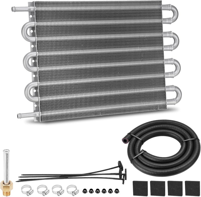 FILTERUP 8 Pass Aluminium Transmission Oil Cooler, 5/16" Universal 8 Rows Tube amd Fin Cooler Kit engine with Hose Mounting, Silver - Image 1